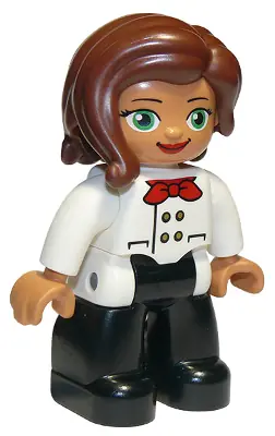 47394PB256:  Duplo Figure Lego Ville, Female, Black Legs, White Chefs Top with Red Scarf and Reddish Brown Hair