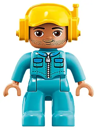 47394PB260:  Duplo Figure Lego Ville, Male, Medium Azure Legs, Medium Azure Jacket with Zipper and Pockets, Yellow Cap with Headset