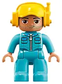 Minifigurka: 47394PB260:  Duplo Figure Lego Ville, Male, Medium Azure Legs, Medium Azure Jacket with Zipper and Pockets, Yellow Cap with Headset
