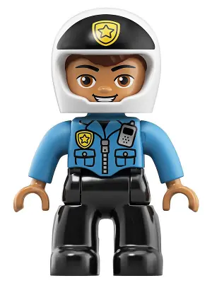47394PB261:  Duplo Figure Lego Ville, Male Police, Black Legs, Dark Azure Top with Badge and Radio, White Helmet with Black Front and Badge (6252672)