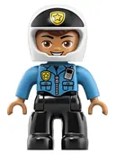 Minifigurka: 47394PB261:  Duplo Figure Lego Ville, Male Police, Black Legs, Dark Azure Top with Badge and Radio, White Helmet with Black Front and Badge (6252672)