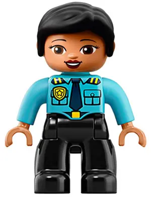 47394PB262:  Duplo Figure Lego Ville, Female Police, Black Legs, Medium Azure Top with Badge and Epaulettes, Black Hair