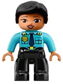 Minifigurka: 47394PB262:  Duplo Figure Lego Ville, Female Police, Black Legs, Medium Azure Top with Badge and Epaulettes, Black Hair