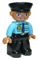 Minifigurka: 47394PB263:  Duplo Figure Lego Ville, Male Police, Black Legs, Medium Azure Top with Badge and Epaulettes, Black Hat with Yellow Hair