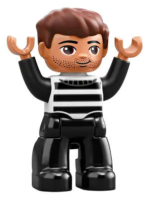 47394PB264:  Duplo Figure Lego Ville, Male, Black Legs, Black and White Striped Top, Reddish Brown Hair (Prisoner)