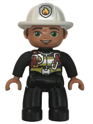 47394PB265:  Duplo Figure Lego Ville, Male Fireman, Black Legs, Striped Jacket with Red Safety Harness, White Helmet with Silver Fire Badge, Green Eyes, Stubble