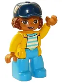 Minifigurka: 47394PB266:  Duplo Figure Lego Ville, Female, Dark Azure Legs, White Top with Medium Azure Stripes and Yellow Jacket, Reddish Brown Hair and Dark Blue Cap (6264312)
