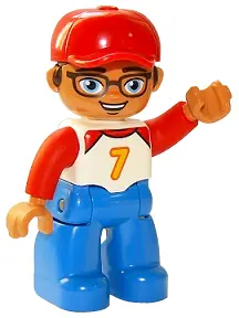 47394PB267:  Duplo Figure Lego Ville, Male, Blue Legs, White Top with Number 7 and Red Arms, Reddish Brown Hair, Red Cap (6268360)