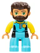 Minifigurka: 47394PB268:  Duplo Figure Lego Ville, Male, Medium Azure Diving Suit, Yellow Arms, Dark Brown Hair, Beard (6264273)