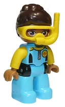 Minifigurka: 47394PB269:  Duplo Figure Lego Ville, Female, Medium Azure Diving Suit, Yellow Arms, Dark Brown Hair, Yellow Diving Mask (6270381)