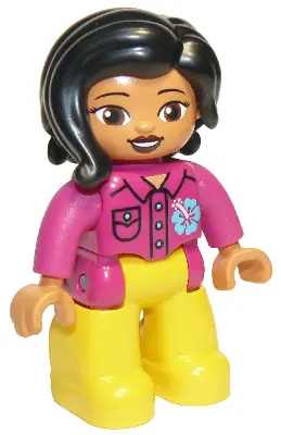 47394PB271:  Duplo Figure Lego Ville, Female, Yellow Legs, Magenta Shirt  with Flower, Black Hair