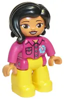 Minifigurka: 47394PB271:  Duplo Figure Lego Ville, Female, Yellow Legs, Magenta Shirt  with Flower, Black Hair
