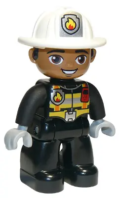 47394PB272:  Duplo Figure Lego Ville, Male Firefighter, Black Legs, Black Jacket with Safety Harness, White Helmet with Silver Fire Badge and Radio, Brown Eyes