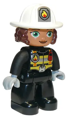 47394PB273:  Duplo Figure Lego Ville, Female Firefighter, Black Legs, Black Jacket with Safety Harness, White Helmet with Silver Fire Badge and Radio, Green Eyes