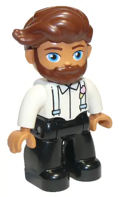 47394PB280:  Duplo Figure Lego Ville, Male, Black Legs, White Top with Light Aqua Suspenders, Reddish Brown Hair, Beard (6293930)