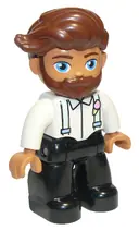 Minifigurka: 47394PB280:  Duplo Figure Lego Ville, Male, Black Legs, White Top with Light Aqua Suspenders, Reddish Brown Hair, Beard (6293930)