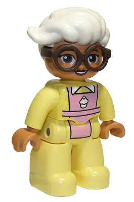 47394PB283:  Duplo Figure Lego Ville, Female, Bright Light Yellow Suit with Bright Pink Apron, Dark Brown Glasses, White Hair (6294294)