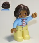Minifigurka: 47394PB284:  Duplo Figure Lego Ville, Female, Bright Light Yellow Legs, Bright Light Blue Top with Coral and White Stripes Shirt, Dark Brown Hair (6294848)