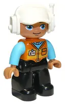 Minifigurka: 47394PB288:  Duplo Figure Lego Ville, Male, Black Legs, Orange Vest with Badge and Pocket, Medium Azure Arms, White Cap with Headset (6301361)