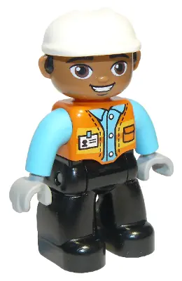 47394PB289:  Duplo Figure Lego Ville, Male, Black Legs, Orange Vest with Badge and Pocket, Medium Azure Arms, Light Bluish Gray Hands, White Construction Helmet (6308180)