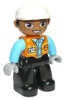 Minifigurka: 47394PB289:  Duplo Figure Lego Ville, Male, Black Legs, Orange Vest with Badge and Pocket, Medium Azure Arms, Light Bluish Gray Hands, White Construction Helmet (6308180)