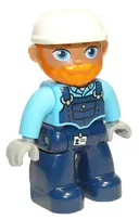 Minifigurka: 47394PB290:  Duplo Figure Lego Ville, Male, Dark Blue Legs, Medium Azure Top with Dark Blue Overalls, White Construction Helmet, Orange Beard (6307376)