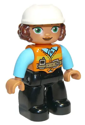47394PB291:  Duplo Figure Lego Ville, Female, Black Legs, Orange Vest with Belt and Telephone, Medium Azure Arms, Light Bluish Gray Hands, White Construction Helmet (6308514)