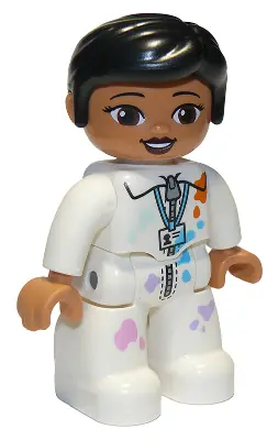 47394PB292:  Duplo Figure Lego Ville, Female, White Suit with Zipper, ID Badge, and Paint Splotches, Black Knot Bun Hair