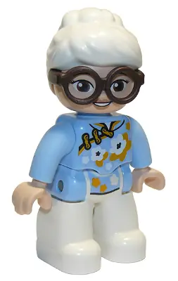 47394PB303:  Duplo Figure Lego Ville, Female, White Legs, Bright Light Blue Top with White and Bright Light Orange Flowers, Dark Brown Glasses, White Hair