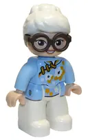 Minifigurka: 47394PB303:  Duplo Figure Lego Ville, Female, White Legs, Bright Light Blue Top with White and Bright Light Orange Flowers, Dark Brown Glasses, White Hair