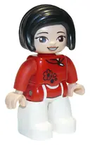 Minifigurka: 47394PB304:  Duplo Figure Lego Ville, Female, White Legs, Red Top with Black Flowers, Black Hair