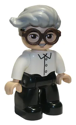 47394PB305:  Duplo Figure Lego Ville, Male, Black Legs, White Top, Dark Brown Glasses, Light Bluish Gray Hair