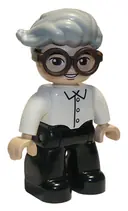 Minifigurka: 47394PB305:  Duplo Figure Lego Ville, Male, Black Legs, White Top, Dark Brown Glasses, Light Bluish Gray Hair