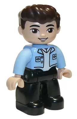 47394PB306:  Duplo Figure Lego Ville, Male, Black Legs, Bright Light Blue Top with White Shirt, Dark Brown Hair