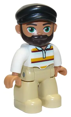 47394PB308:  Duplo Figure Lego Ville, Male, Tan Legs, White Top with Stripes, Black Cap, Dark Brown Beard