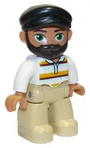 Minifigurka: 47394PB308:  Duplo Figure Lego Ville, Male, Tan Legs, White Top with Stripes, Black Cap, Dark Brown Beard