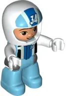 47394PB315:  Duplo Figure Lego Ville, Male, Medium Azure Legs, White Race Top and Helmet with Number 34 Pattern (6345403)