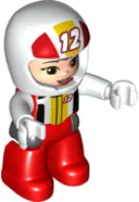 Minifigurka: 47394PB316:  Duplo Figure Lego Ville, Female, Red Legs, White Race Top and Helmet with Number 12 Pattern (6345401)