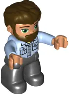 47394PB318:  Duplo Figure Lego Ville, Male, Black Legs, Bright Light Blue Shirt with Pockets, Dark Brown Hair and Beard