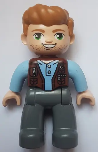 47394PB321:  Duplo Figure Lego Ville, Male, Dark Bluish Gray Legs, Reddish Brown Vest, Dark Tan Hair (Jurassic World Owen Grady)