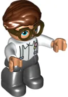 47394PB322:  Duplo Figure Lego Ville, Male, Black Legs, White Top with Light Aqua Suspenders, Dark Brown Glasses, Reddish Brown Hair