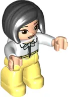 47394PB323:  Duplo Figure Lego Ville, Female, Bright Light Yellow Legs, White Top with Light Aqua Bow, Black Hair, Reddish Brown Eyes (6347490)