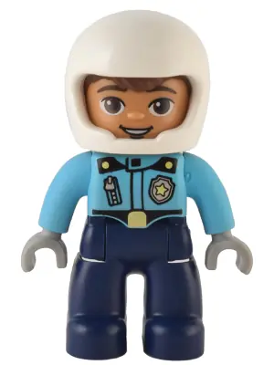 47394PB328:  Duplo Figure Lego Ville, Male Police, Dark Blue Legs, Medium Azure Top with Badge and Zipper, White Helmet (6374643)