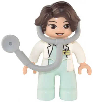 47394PB329:  Duplo Figure Lego Ville, Female Medic, Light Aqua Legs, White Top with ID Badge, White Arms, Dark Brown Hair, Attached Stethoscope (6374984)