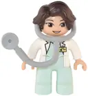 Minifigurka: 47394PB329:  Duplo Figure Lego Ville, Female Medic, Light Aqua Legs, White Top with ID Badge, White Arms, Dark Brown Hair, Attached Stethoscope (6374984)