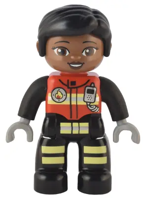 47394PB330:  Duplo Figure Lego Ville, Female Firefighter, Black Legs with Reflective Stripes, Red Vest with Silver Fire Badge and Radio, Black Hair, Reddish Brown Eyes (6374797)