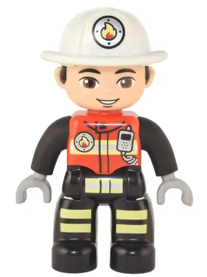 47394PB331:  Duplo Figure Lego Ville, Male Firefighter, Black Legs with Reflective Stripes, Red Vest with Silver Fire Badge and Radio, Light Nougat Face, White Helmet with Fire Badge (6374293)