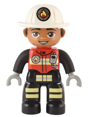 47394PB332:  Duplo Figure Lego Ville, Male Firefighter, Black Legs with Reflective Stripes, Red Vest with Silver Fire Badge and Radio, Medium Nougat Face, White Helmet with Fire Badge (6373860)