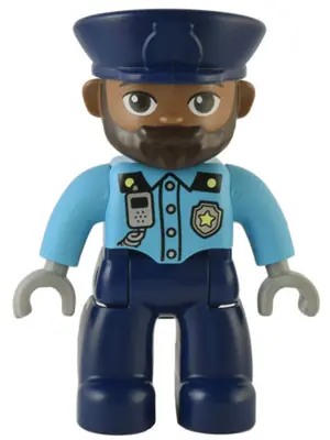 47394PB333:  Duplo Figure Lego Ville, Male Police, Dark Blue Legs, Medium Azure Top with Silver Badge and Radio, Dark Blue Hat (6374803)