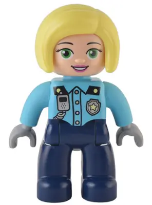 47394PB334:  Duplo Figure Lego Ville, Female Police, Dark Blue Legs, Medium Azure Top with Silver Badge and Radio Pattern, Bright Light Yellow Hair (6374290)